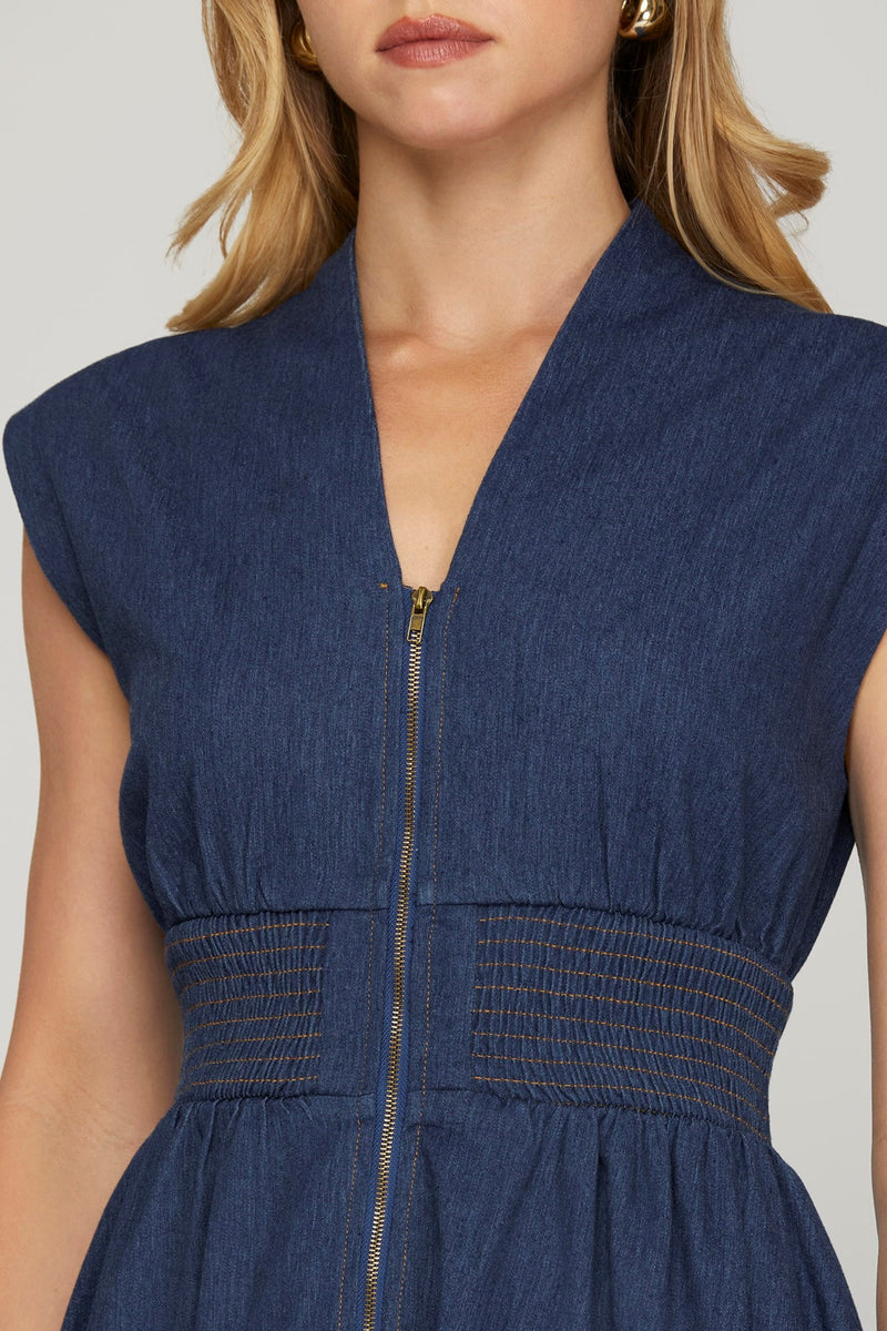 Smocked Waist Washed Denim Front Zip Midi Dress Denim Blue