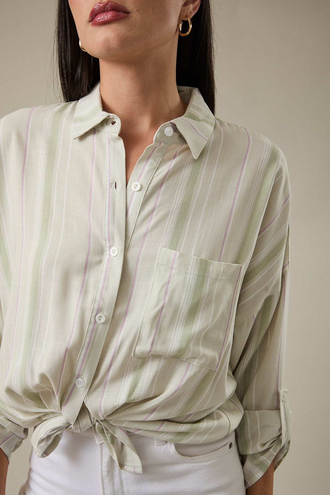 Rolled Sleeve Button Down Stripe Top Sage Stripe