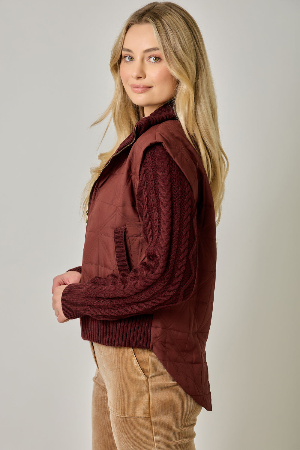 Quilted Knit Mixed Media Jacket Burgundy