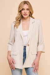 Pinstriped 3/4 Sleeve Linen Oversized Blazer Natural Pinstripe