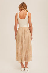 Pleated Polka Dot Contrast Midi Dress Ecru