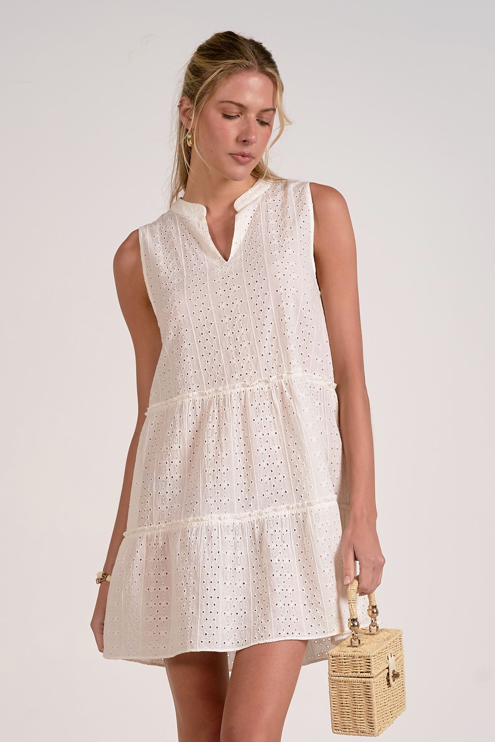Tiered Eyelet Vneck Dress White