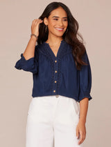 Cinched Sleeve Crochet Inset Button Down Shirt Indigo