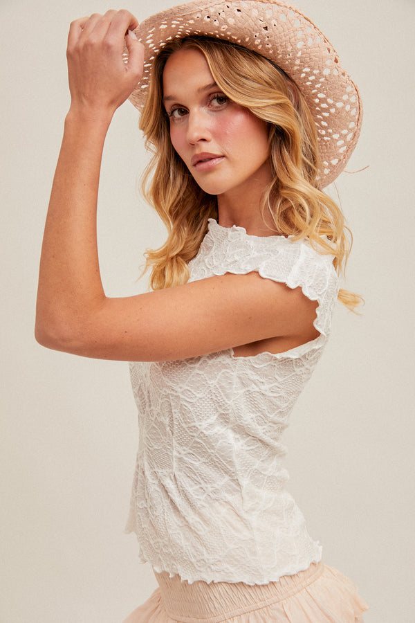 Lace Lettuce Edge Boat Neck Knit Top White