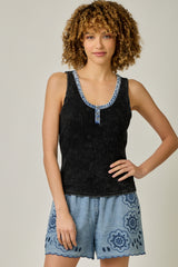 Henley Neck Washed Tank Washed Black