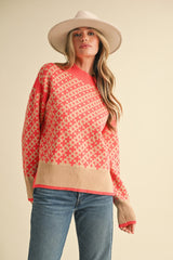Mock Neck Plus Print Side Slit Pullover Sweater Coral Taupe