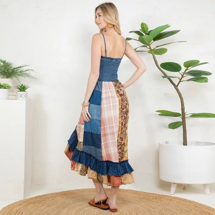 Ruffled Patchwork Denim Inserts Midi Dress Denim