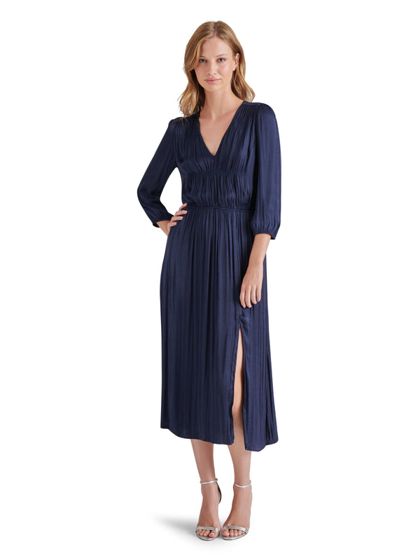 Arlene Split Front Satin Long Sleeve Midi Dress Marine