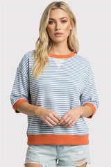 Contrast Band Elbow Sleeve Striped Sweatshirt Top Peach + Blue
