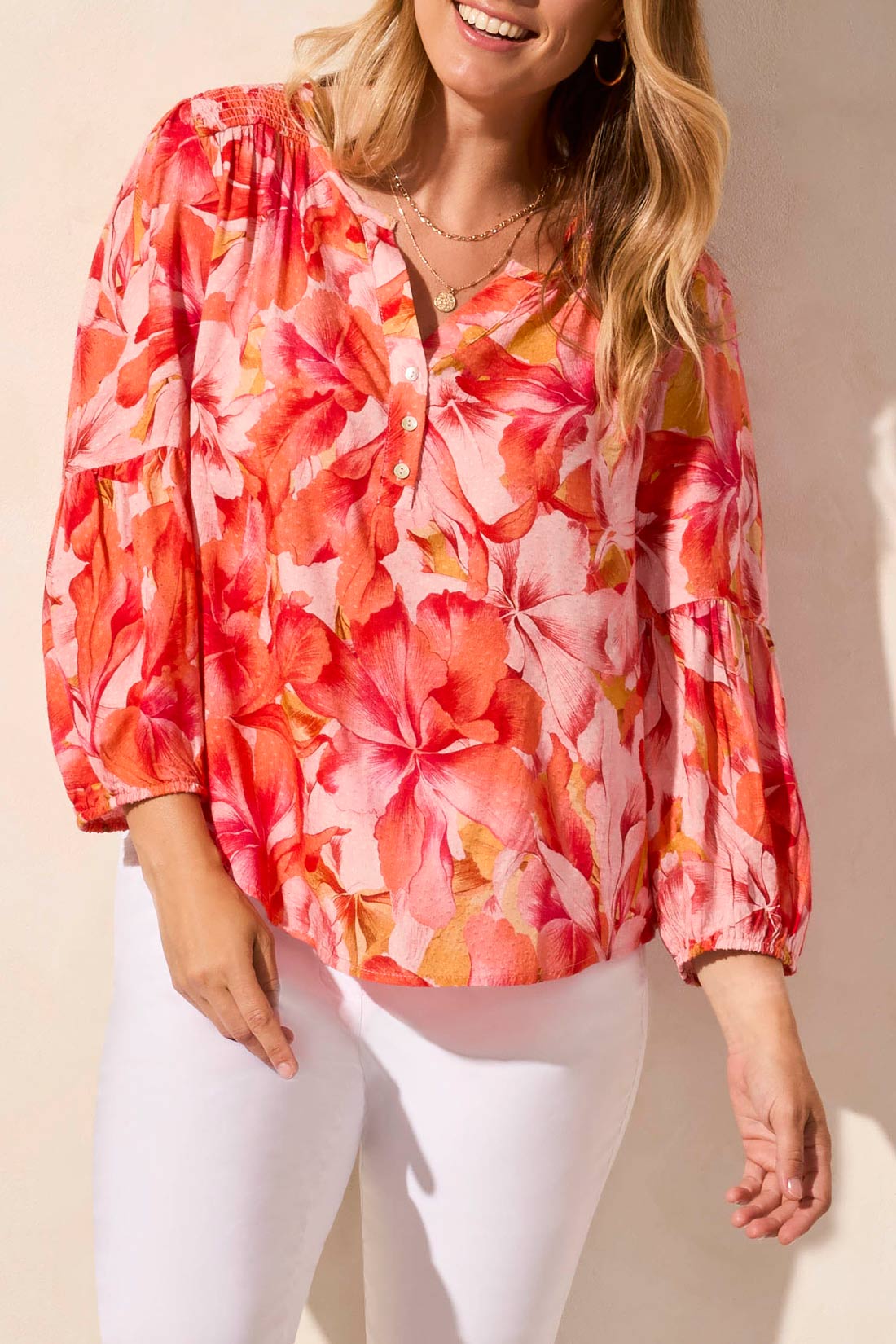 3/4 Sleeve Smoked Yoke Printed Blouse Coral Sky
