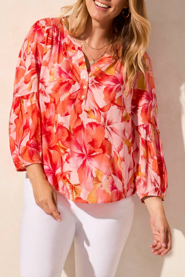 3/4 Sleeve Smoked Yoke Printed Blouse Coral Sky