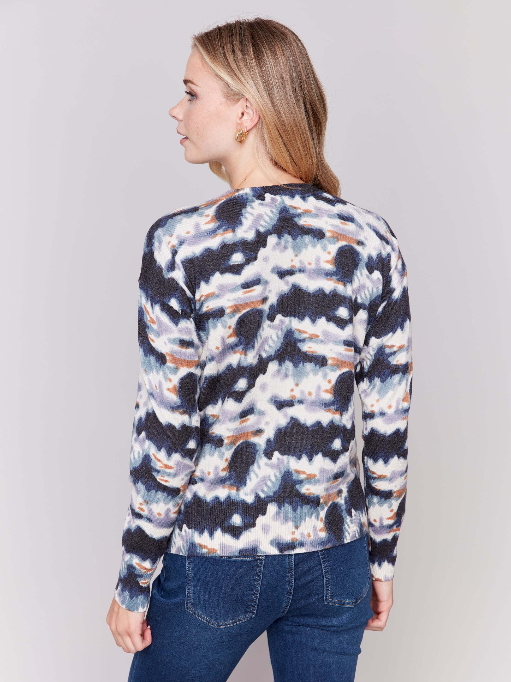 Side Button Printed Sweater Tie Dye