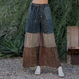 Boho Tiered Patch Denim Pants Vintage