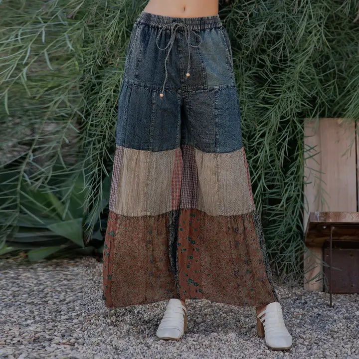 Boho Tiered Patch Denim Pants Vintage