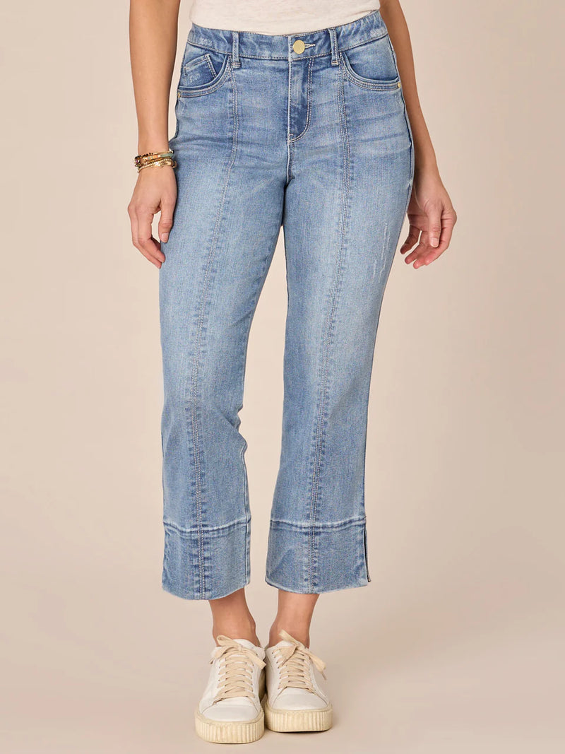 Center Seam Side Slit High Rise Kick Flare Jeans Light Blue