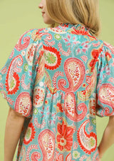 Mix Paisley Print Puff Sleeve Blouse Light Blue Mix