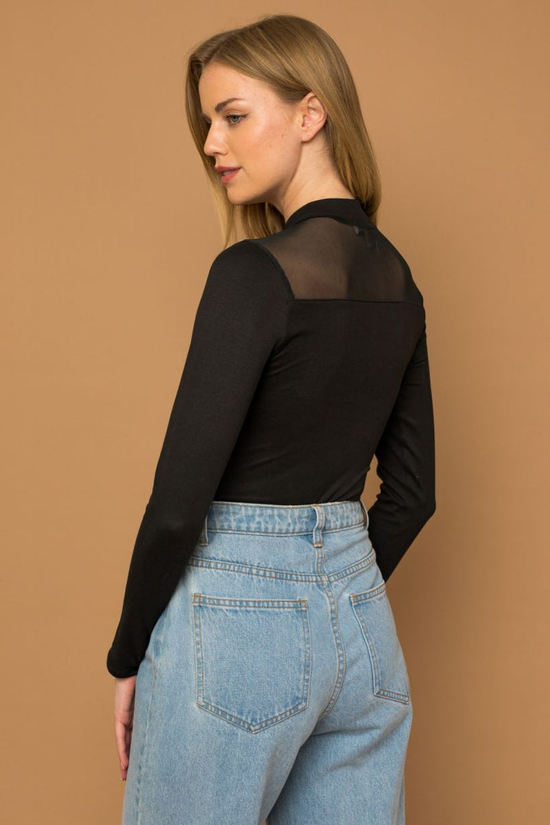 Long Sleeve Sheer Panel Bodysuit Black