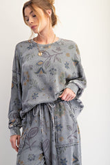 Floral Print Washed Terry Pullover Ash