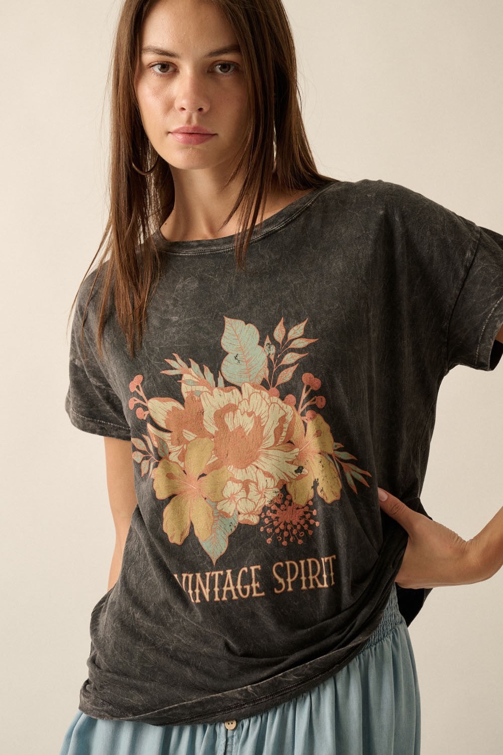 Vintage Spirit Floral Mineral Wash Tee Charcoal