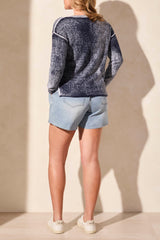 Washed Vneck Exposed Seam Sweater Top Nautical