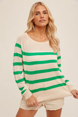 Raglan Sleeve Basic Stripe Pullover Sweater Kelly Green