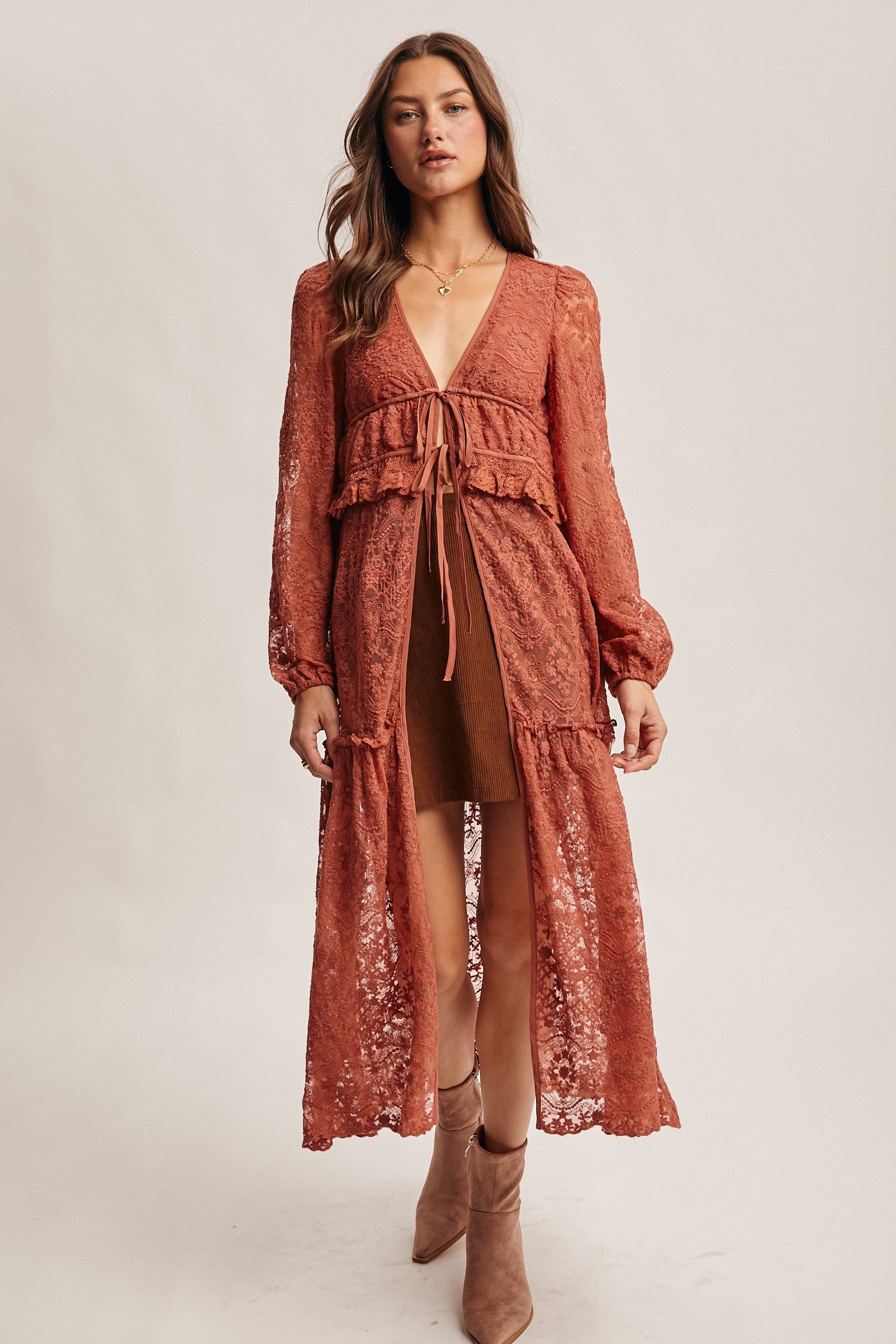 Flowy Lace Tie Front Cover Up Terracotta