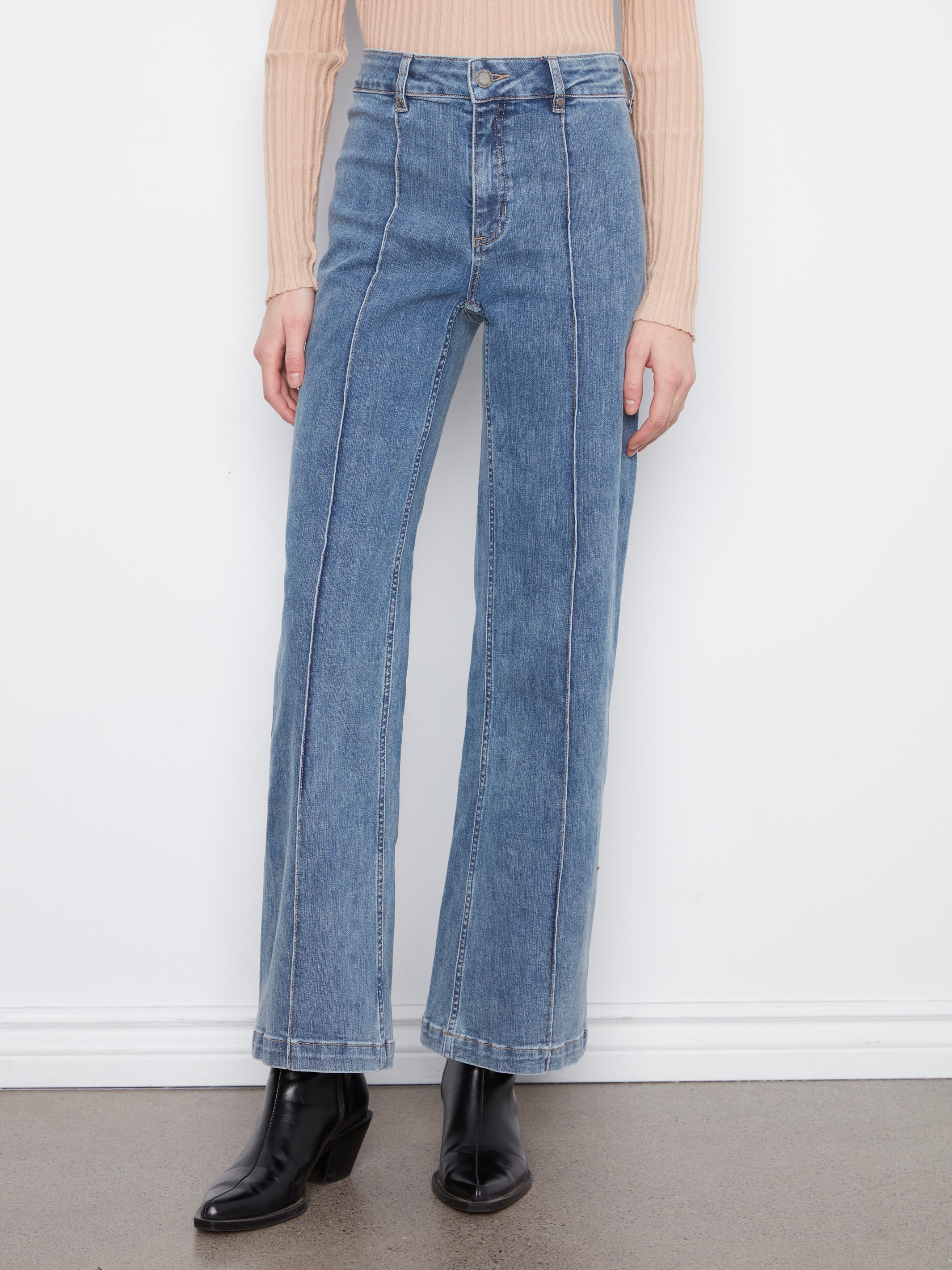 Pintuck Wide Leg Stretch Jeans Medium Blue