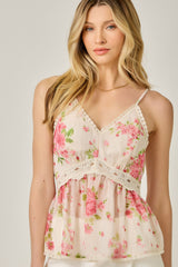Lace Edging Floral Print Flowy Cami Ivory + Rose