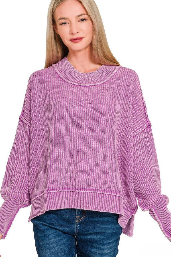 Washed Side Slit Oversize Cropped Sweater Violet