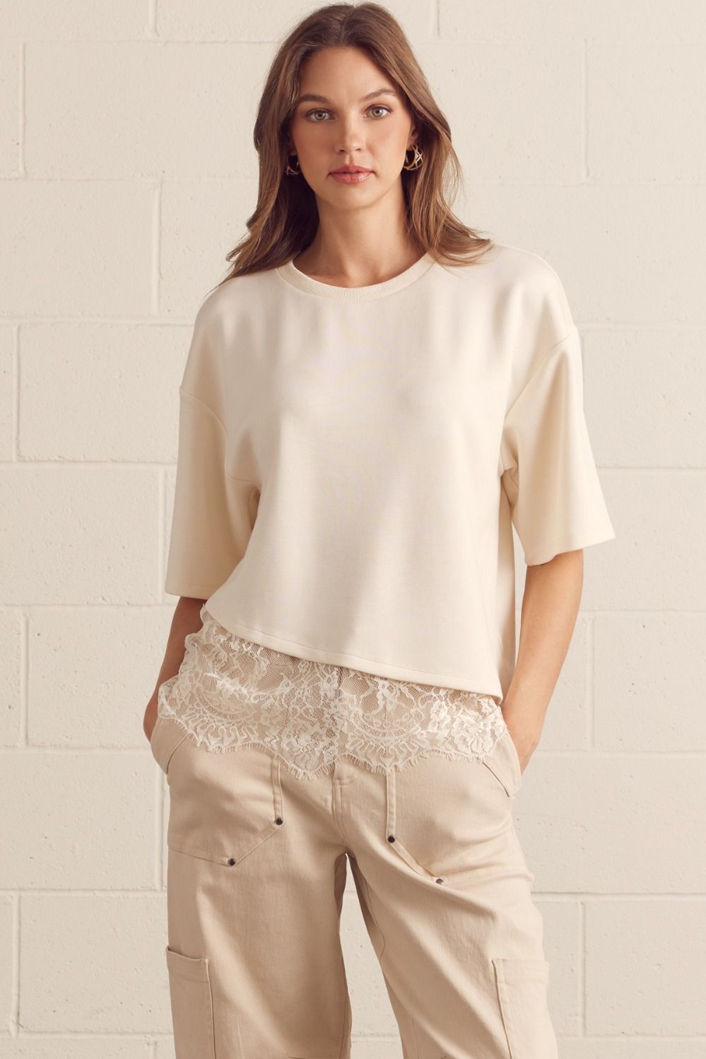 Asymmetric Lace Hem Boxy Short Sleeve Top Ecru