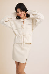 Front Ties Open Knit Sweater Cardi White