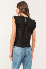 Anelia Shirred Yoke Flutter Top Black