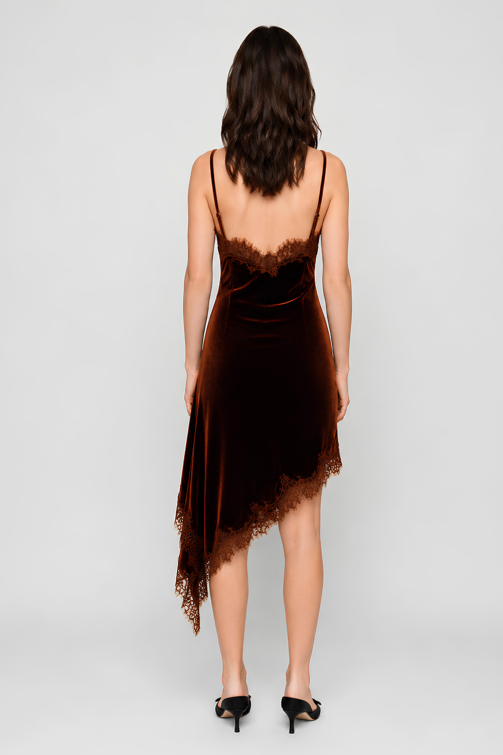 Lace Trim Asymmetric Hem Velvet Cami Dress Brown