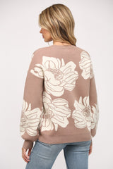Floral Print Jacquard Knit Crew Neck Sweater Mocha + Cream