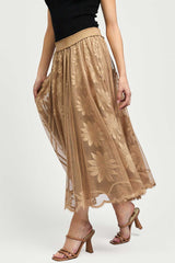 Floral Embroidered Mesh Midi Skirt Tan