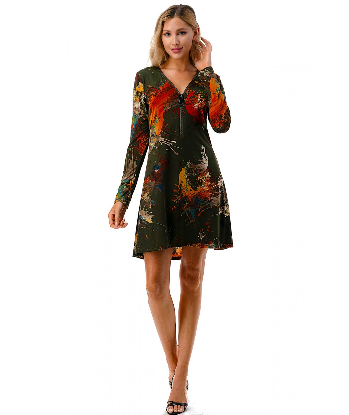 Long Sleeve Zipper Dress Olive Mix Splash
