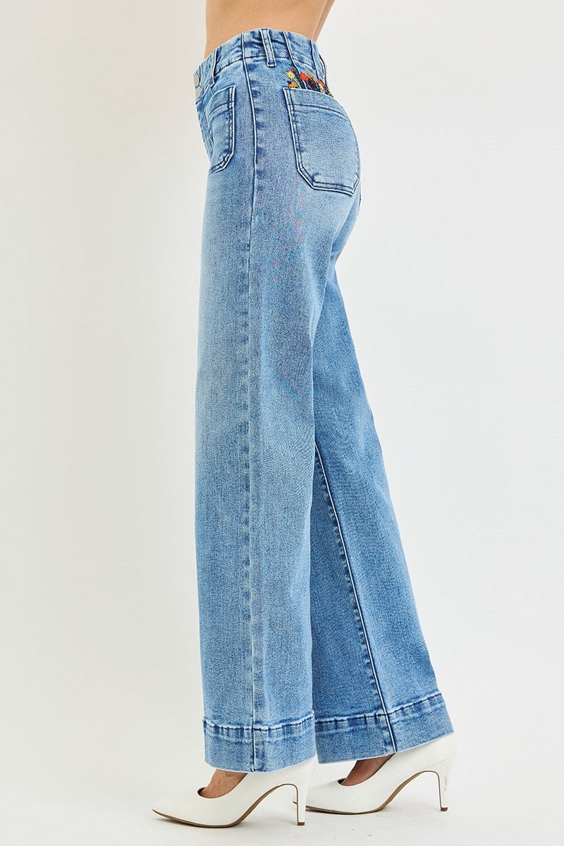 Embroidered Garden Floral Back Pocket Wide Leg Jeans - Medium