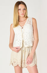 Button Front Crochet Vest Off White + Beige