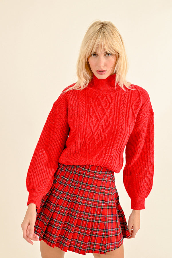 Mix Cable Knit Turtleneck Sweater Red