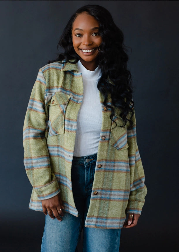 Buttoned Closure Plaid Shacket Green, Camel + Turquoise