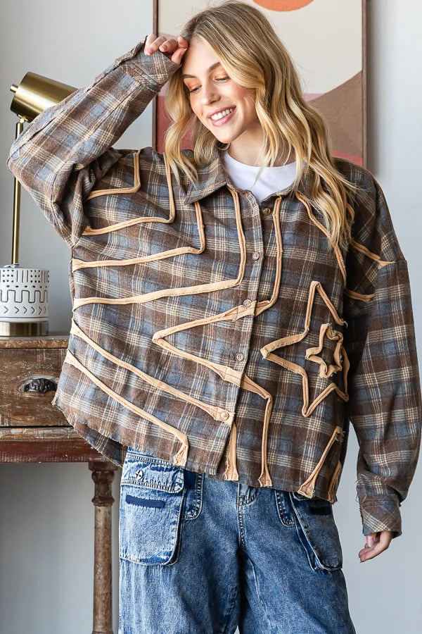 Washed Star Plaid  Button Front Shirt Mocha