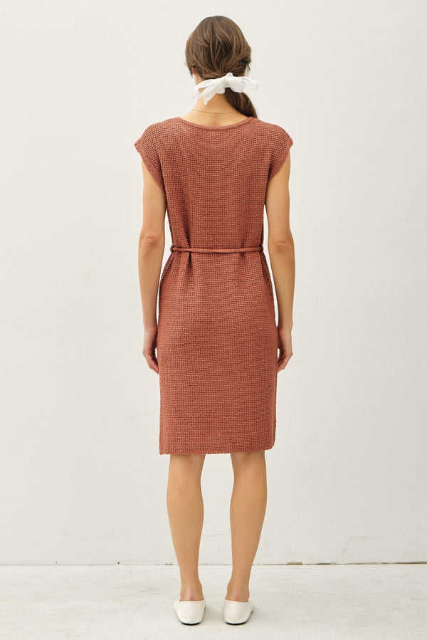 Cap Sleeve Belted Chunky Knit Dress Marsala