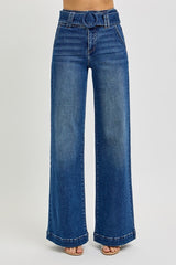 Tummy Control High Rise Wide Leg Belted Jean Dark