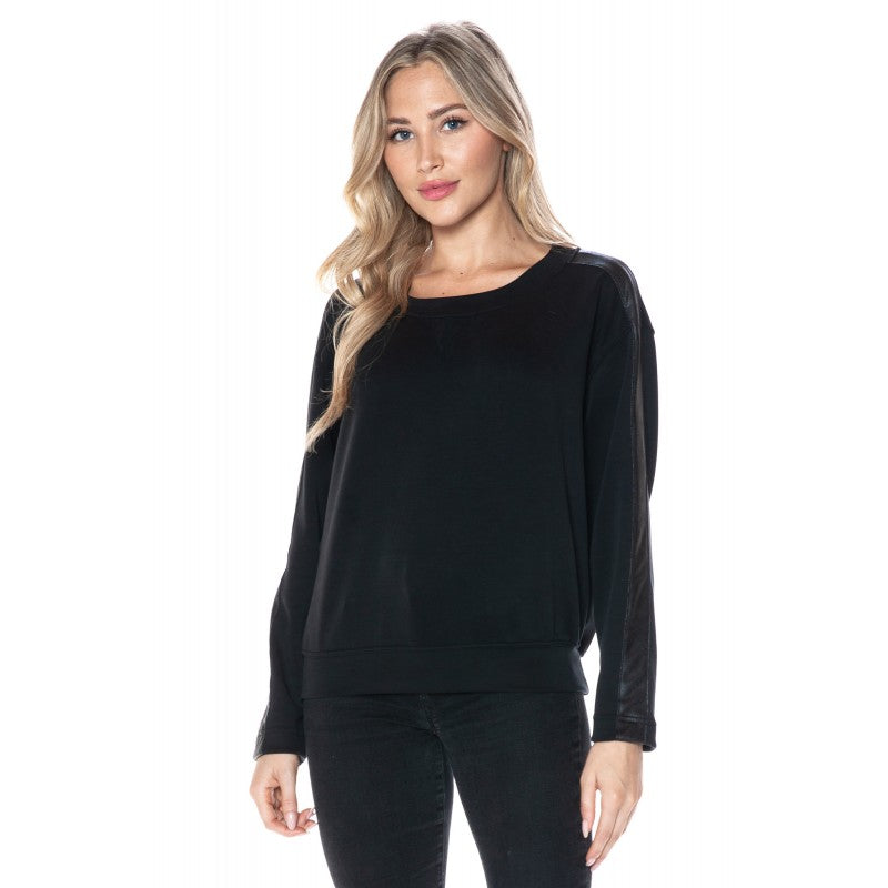 Leather Sleeve Detail Scuba Pullover Black