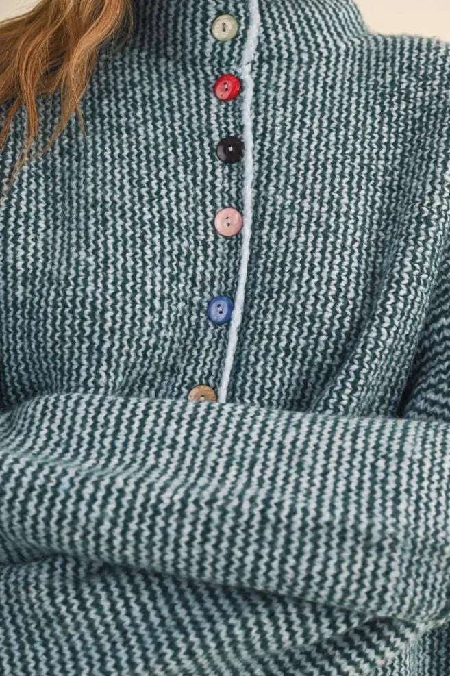 Colored Buttons Two Tone Mock Neck Cardi Green Blue