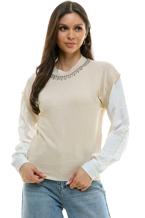 Crystal Dangle Neckline Twofer Sweater Top