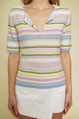 Multi Color Stripe Split Neck Top Sky Blue + Lavender
