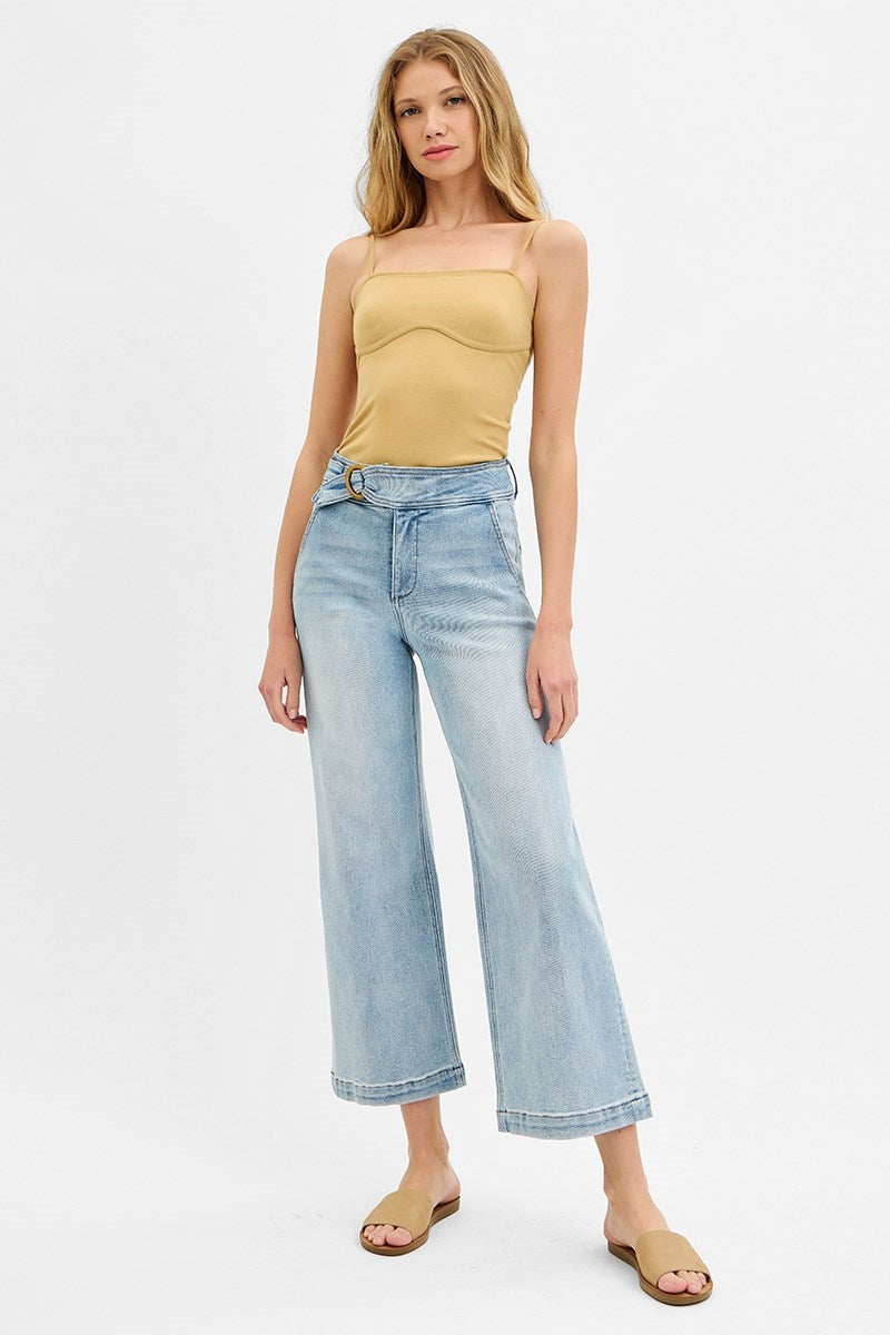 Wooden Buckle Belted High Rise Crop Wide Leg Jeans Light
