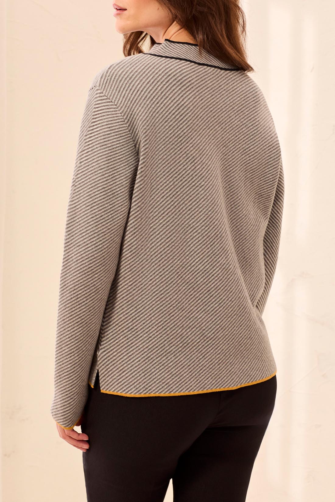 Split Neck Stripe Piping Detail Sweater Grey Mix