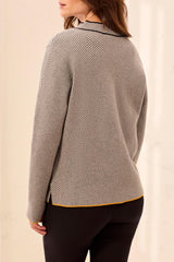 Split Neck Stripe Piping Detail Sweater Grey Mix